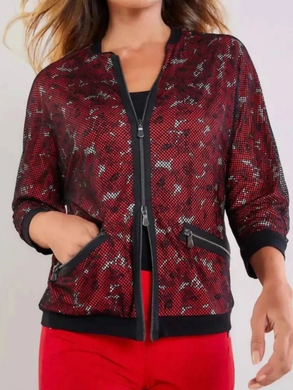 Share Anatomie Petal Printed Jersey Bomber Jacket in Poppy Floral Size L